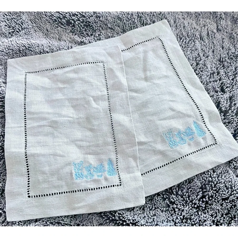Sferra Vintage Embroidered Gray Linen Cocktail Napkins - Set of 2 Floral Napkins